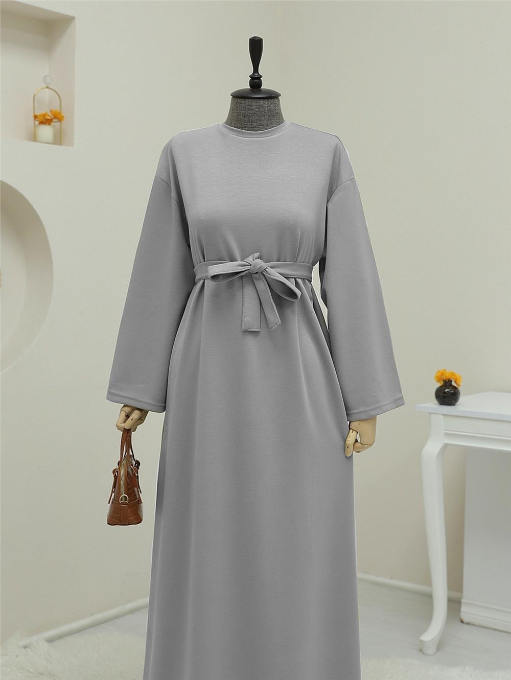 Bisiklet Yaka Beli Bağcıklı Elbise -Gri-253-12948-R11