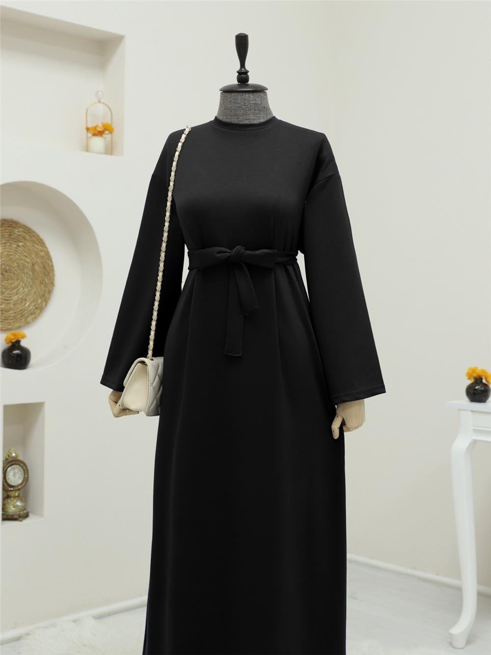 Bisiklet Yaka Beli Bağcıklı Elbise -Siyah-253-12948-R01