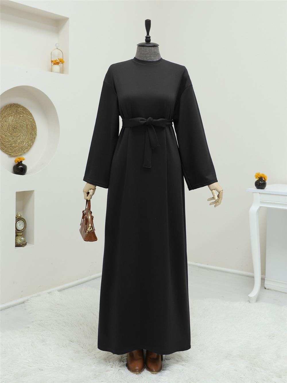 Bisiklet Yaka Beli Bağcıklı Elbise -Siyah-253-12948-R01