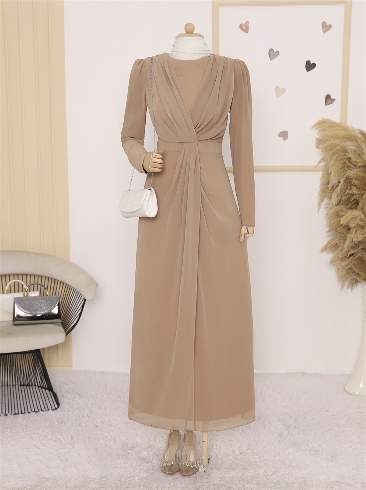 Bisiklet Yaka Drape Detaylı Şifon Abiye -Vizon