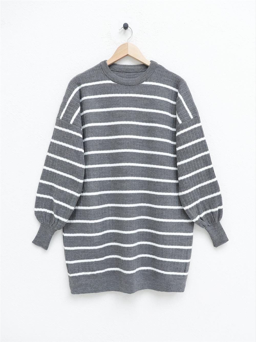 Crew Neck Ribbed Knitwear Tunic - Gray-109-1049-R11