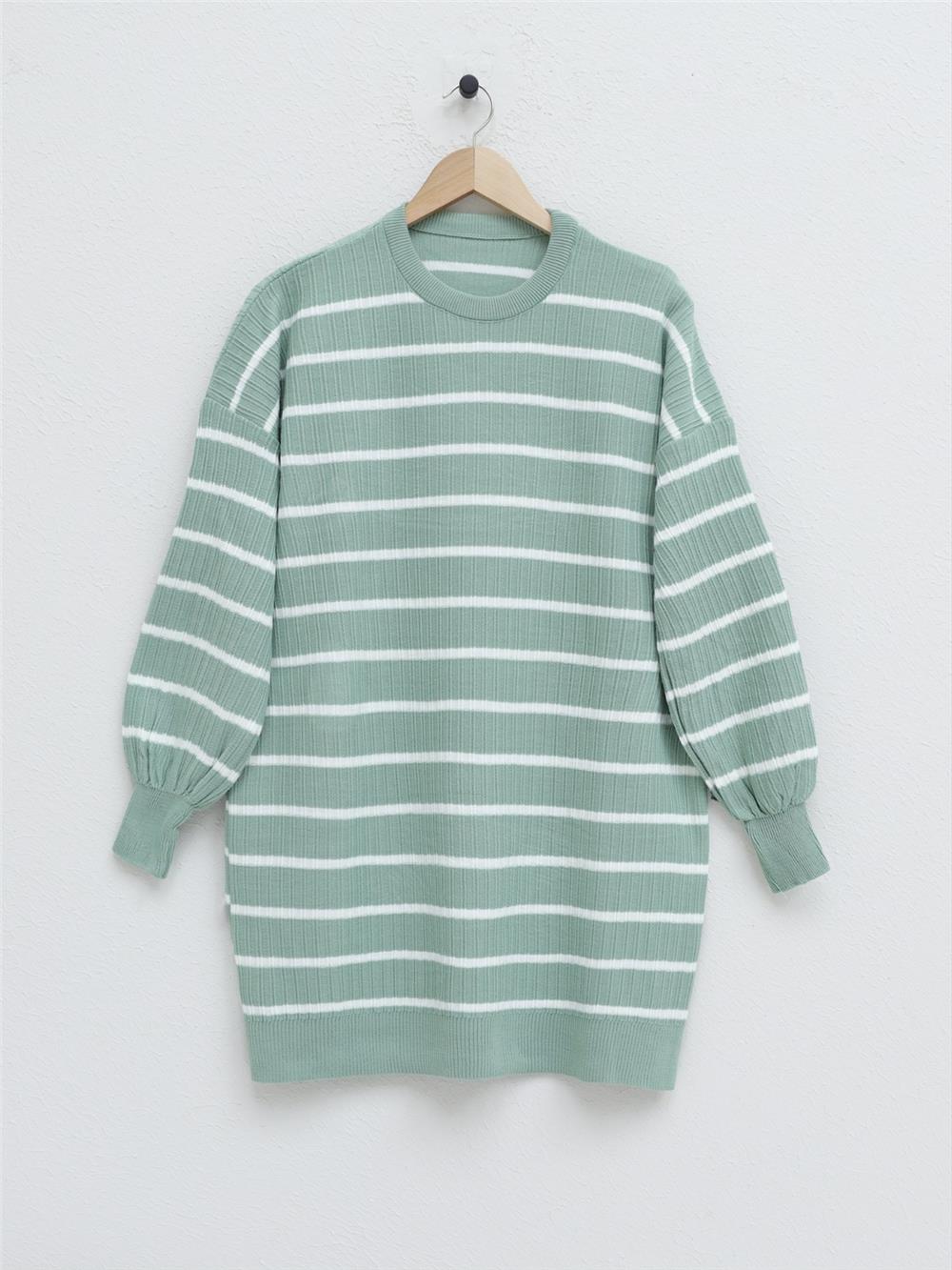 Crew Neck Ribbed Knitwear Tunic -Mint-109-1049-R24