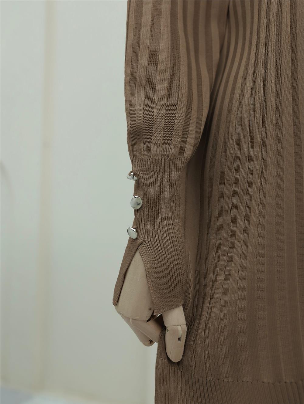 Bisiklet Yaka Fitilli Yırtmaçlı Triko Tunik -Vizon-280-3170-R23
