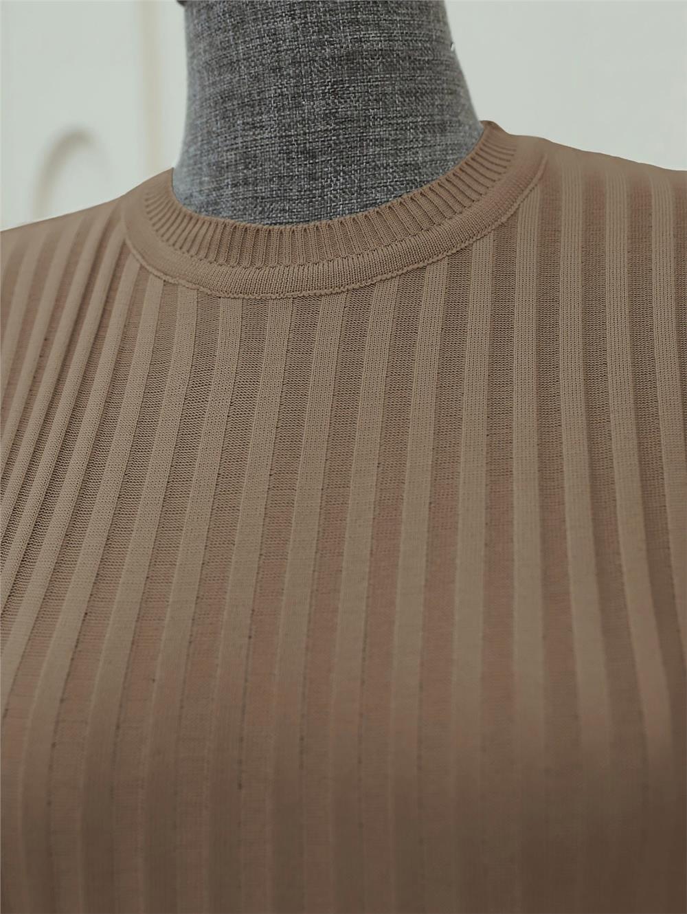 Bisiklet Yaka Fitilli Yırtmaçlı Triko Tunik -Vizon-280-3170-R23