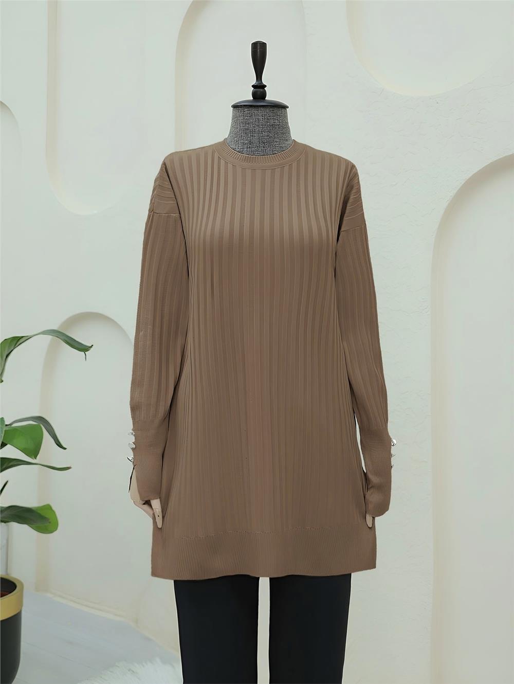 Bisiklet Yaka Fitilli Yırtmaçlı Triko Tunik -Vizon-280-3170-R23