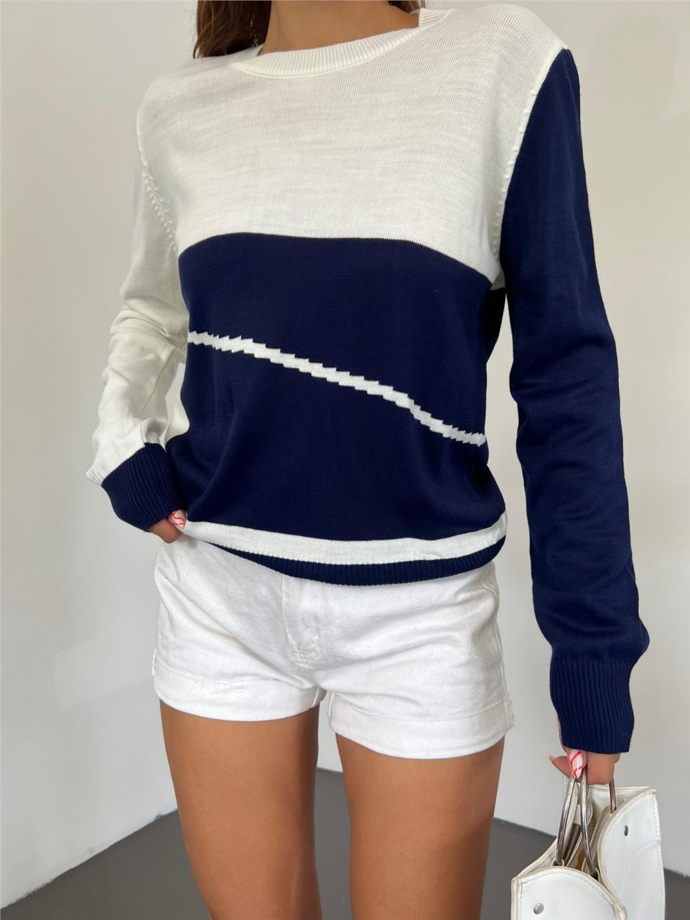 Crew Neck Fine Knitwear Sweater - Navy Blue-109-1022-R03
