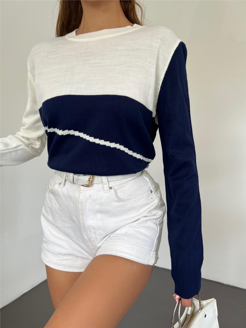 Crew Neck Fine Knitwear Sweater - Navy Blue-109-1022-R03