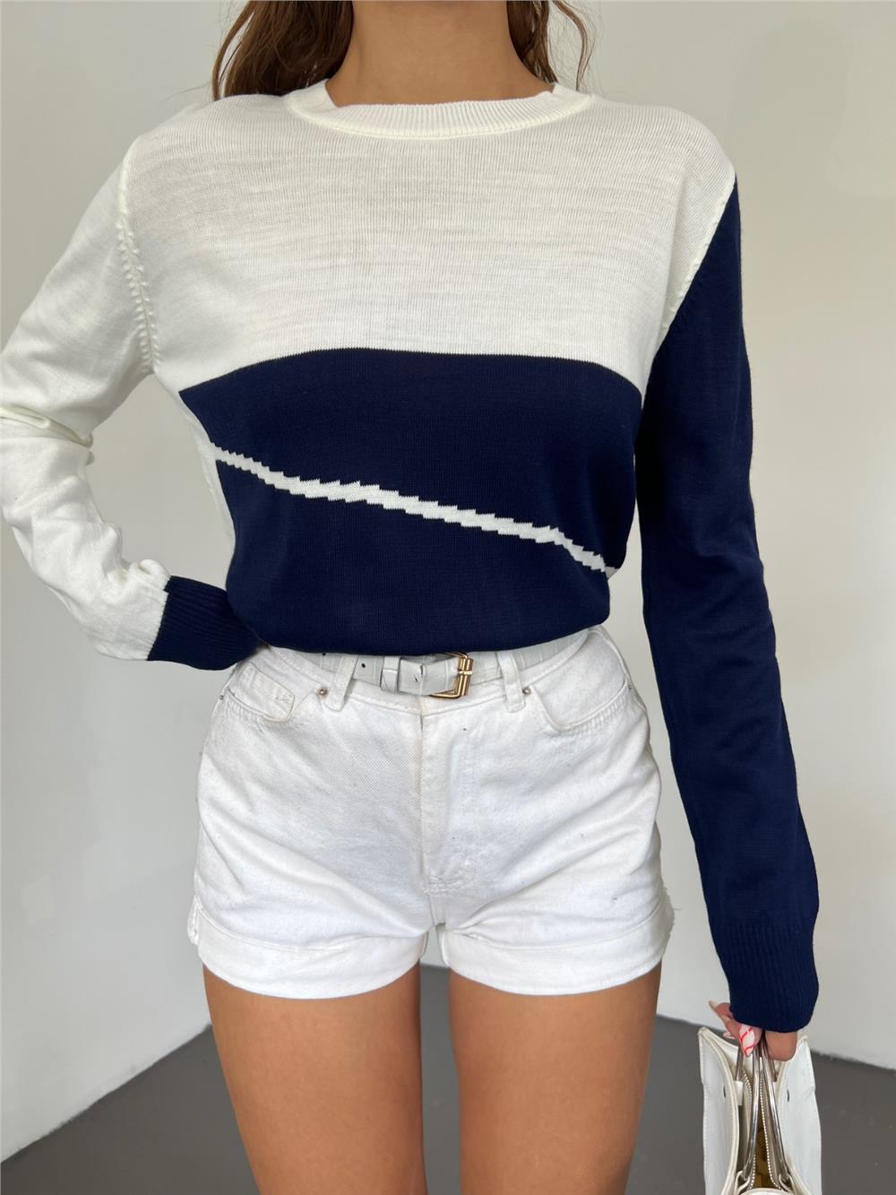 Crew Neck Fine Knitwear Sweater - Navy Blue-109-1022-R03