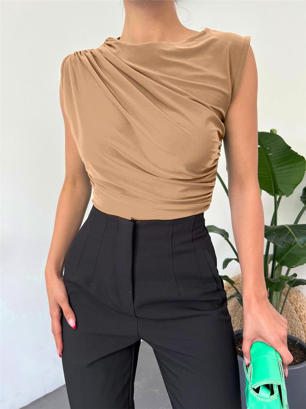 Crew Neck Zero Sleeve Sandy Blouse -Mink-246-2574-R23
