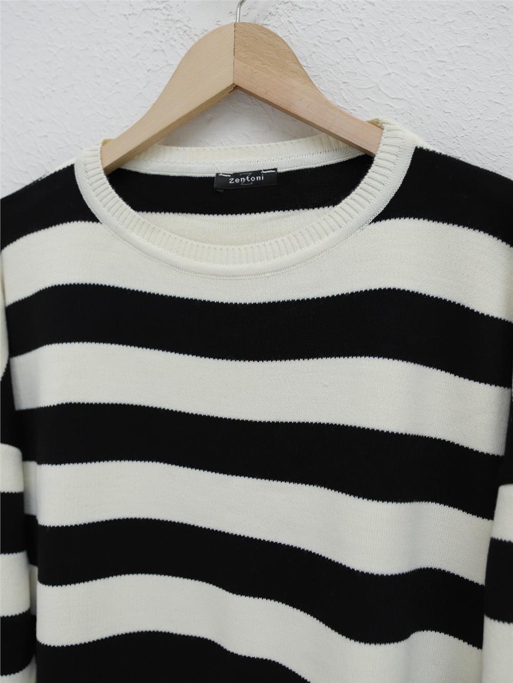 Crew Neck Side Striped Knitwear Tunic -Black-357-6095-R01