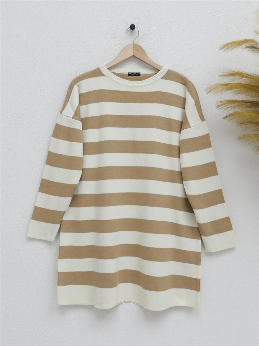 Crew Neck Side Striped Knitwear Tunic -Mink-357-6095-R23