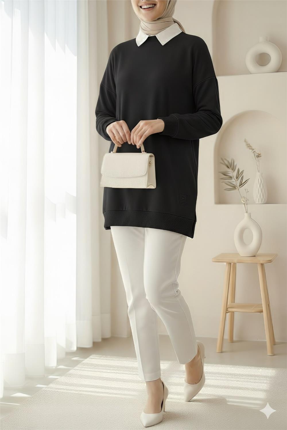 Crew Neck Slit Embroidered Sweat -Black-338-30644-R01
