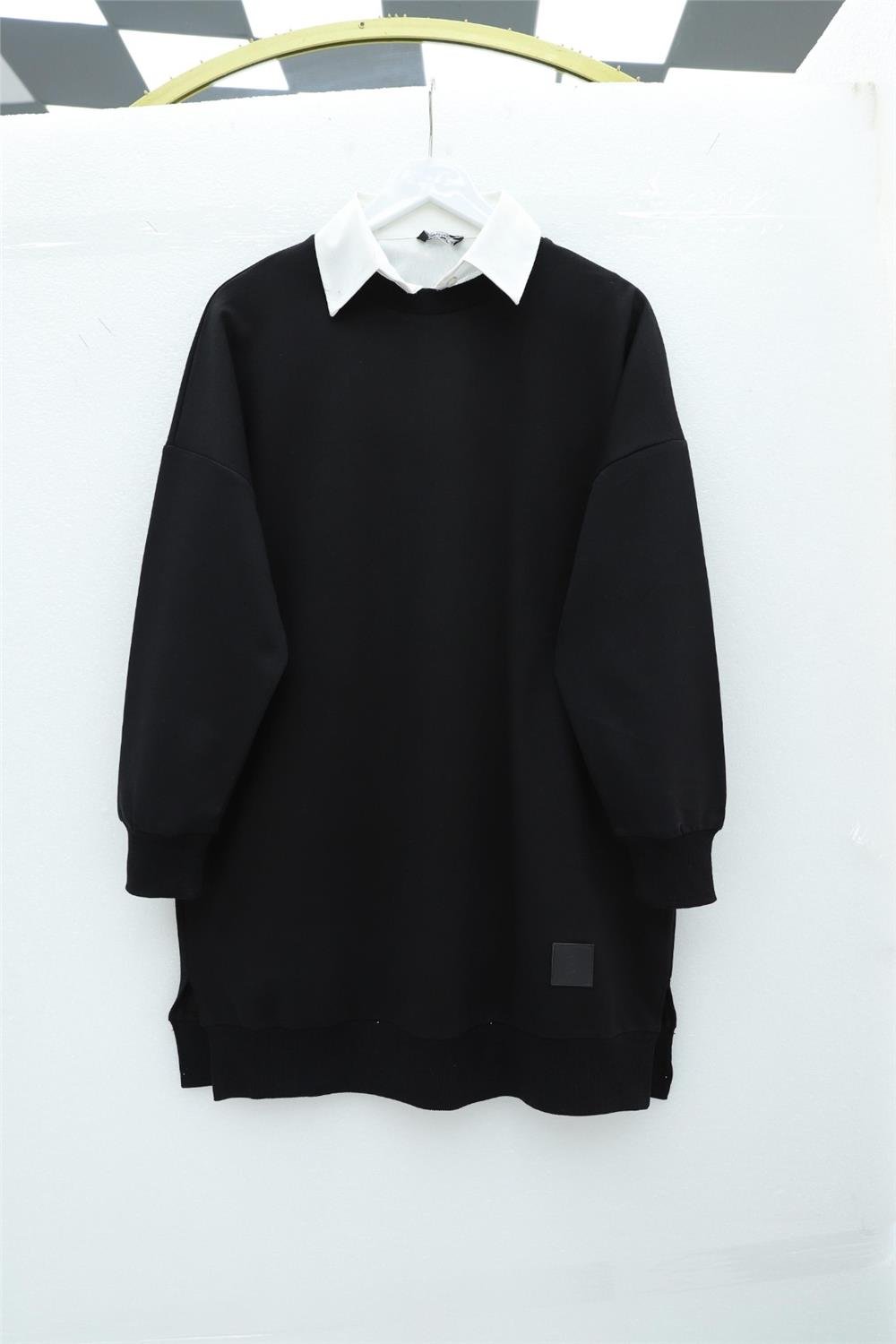 Crew Neck Slit Embroidered Sweat -Black-338-30644-R01