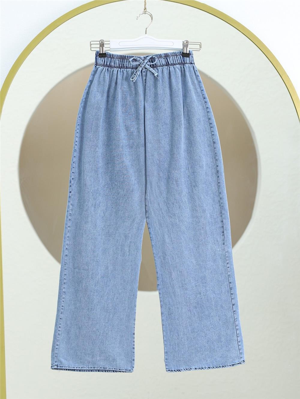 Wide Leg Jeans with Elastic Waist and Lace Detail -Ice Blue-136-10012-R37
