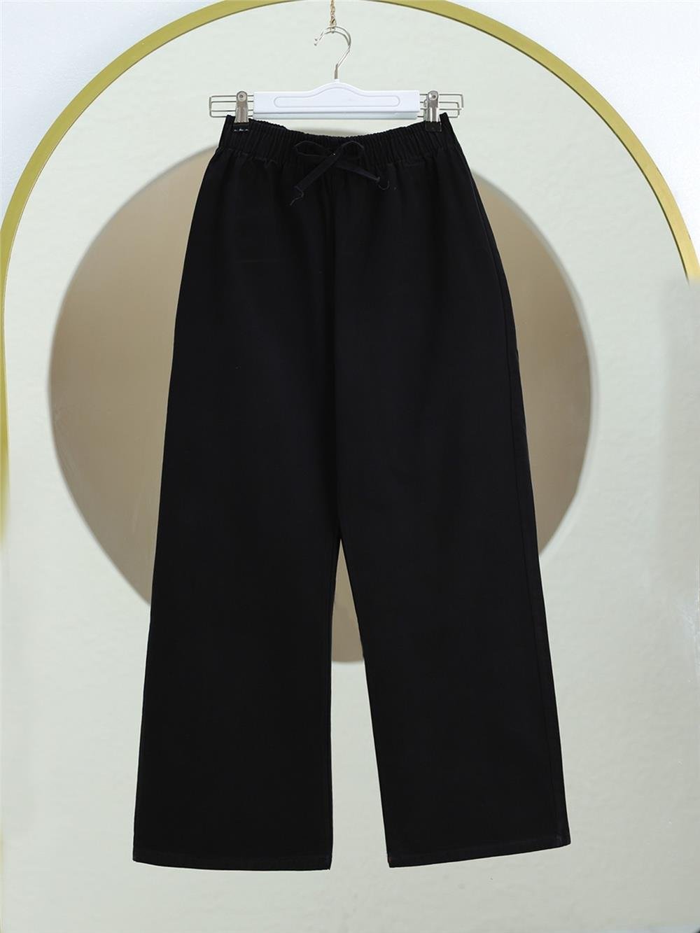 Wide Leg Jeans with Elastic Waist and Lacing Detail - Black-136-10012-R01