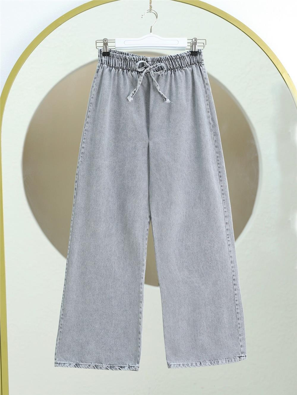 Wide Leg Jeans with Elastic Waist and Lace Detail - Gray-136-10012-R11