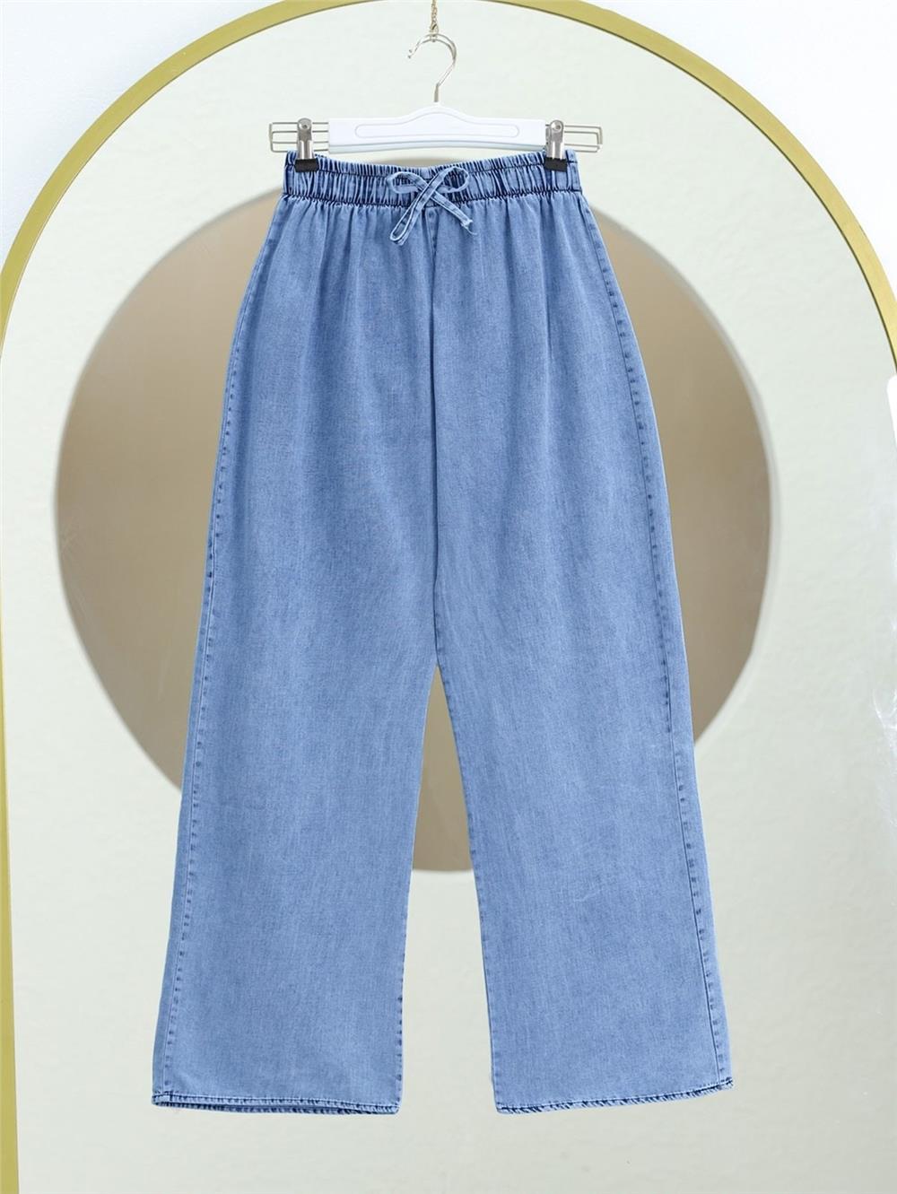Bol Paça Beli Lastikli Bağcık Detaylı Kot Pantolon       -Mavi-136-10012-R31