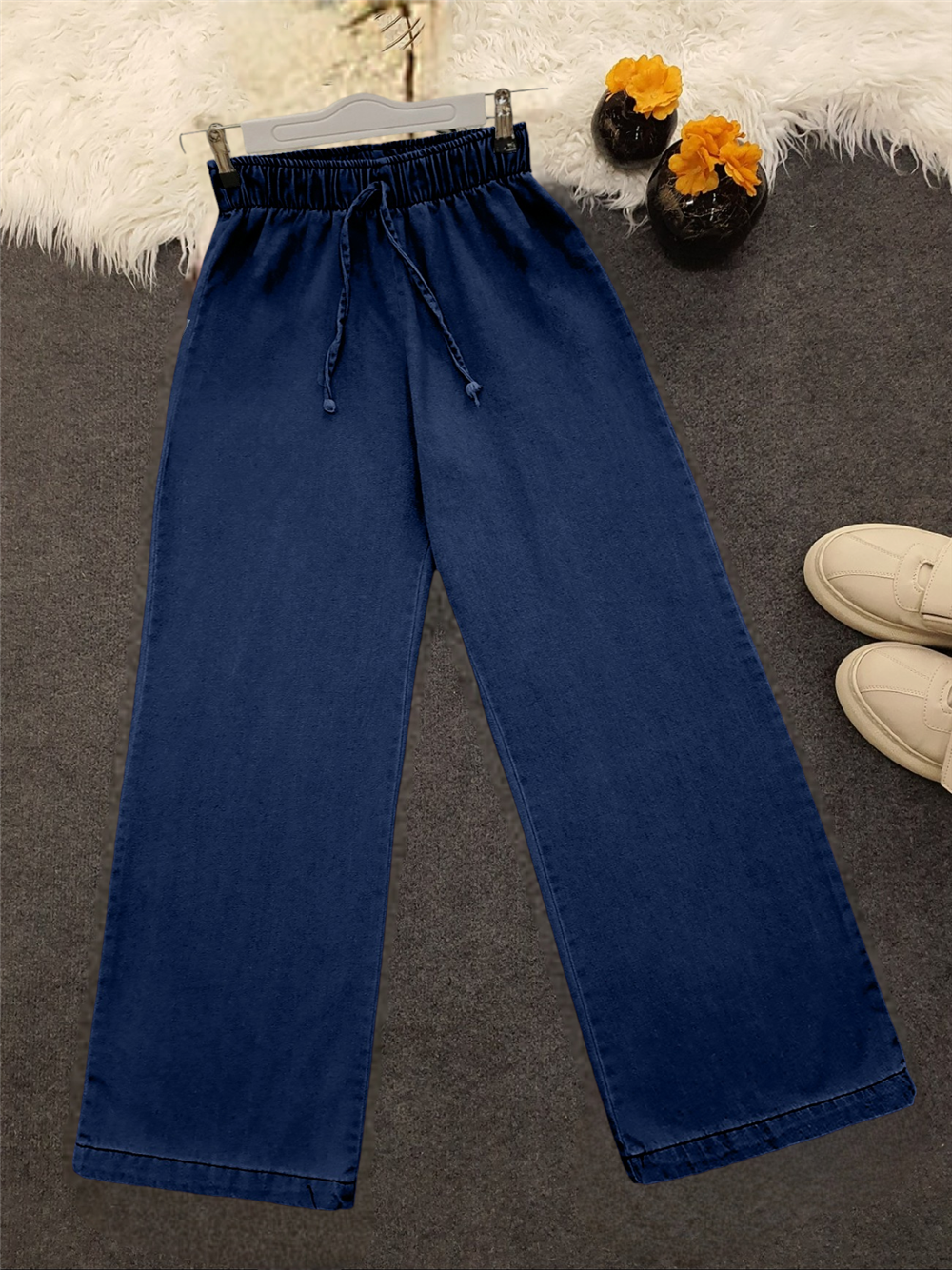 Wide Leg Jeans with Elastic Waist and Lacing Detail - Indigo-136-10012-R21