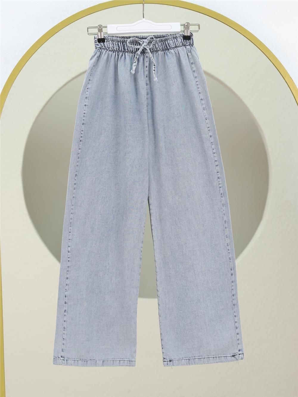 Bol Paça Beli Lastikli Bağcık Detaylı Kot Pantolon        -Açık Gri-136-10012-R41