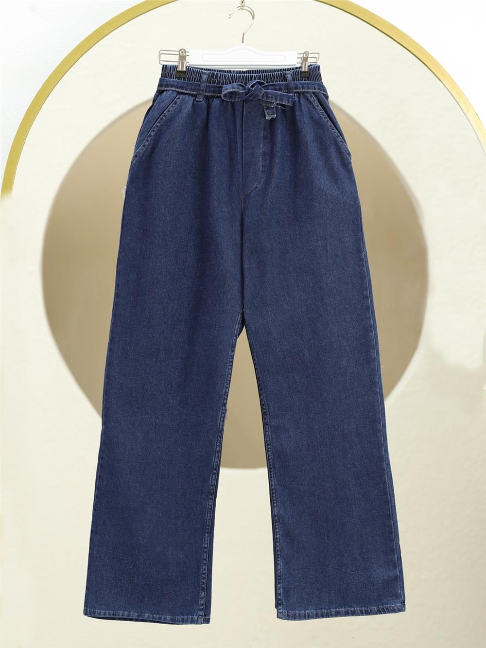 Wide Leg Elastic Waist Belted Jeans - Indigo-136-2407-R21