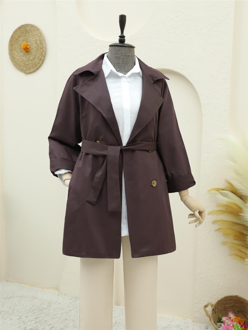 Bolero Detaylı Düğmeli Ara Boy Trençkot -Mürdüm-346-5044-R09