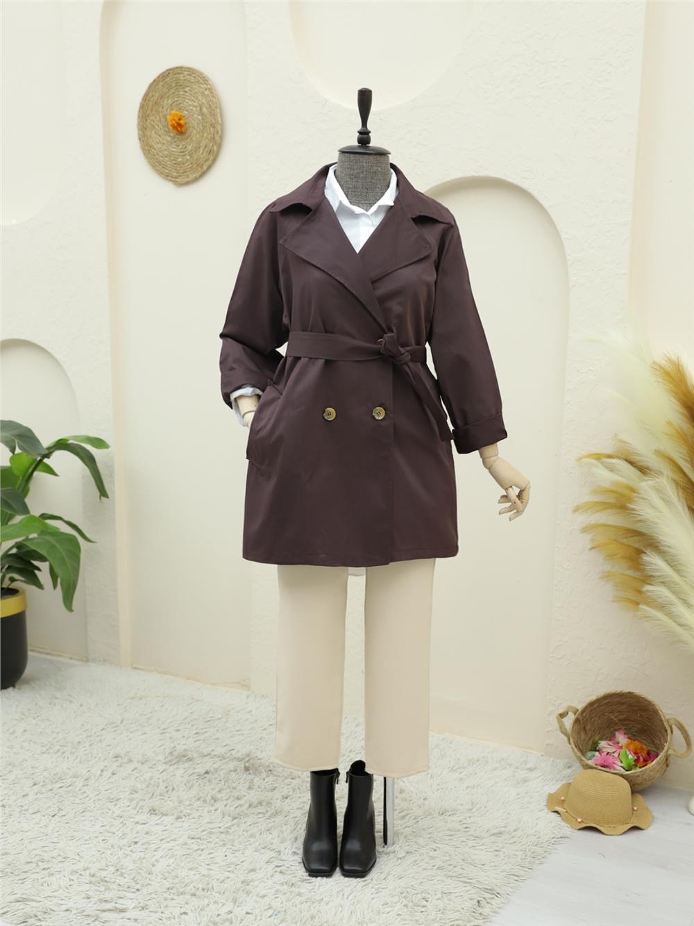 Bolero Detaylı Düğmeli Ara Boy Trençkot -Mürdüm-346-5044-R09