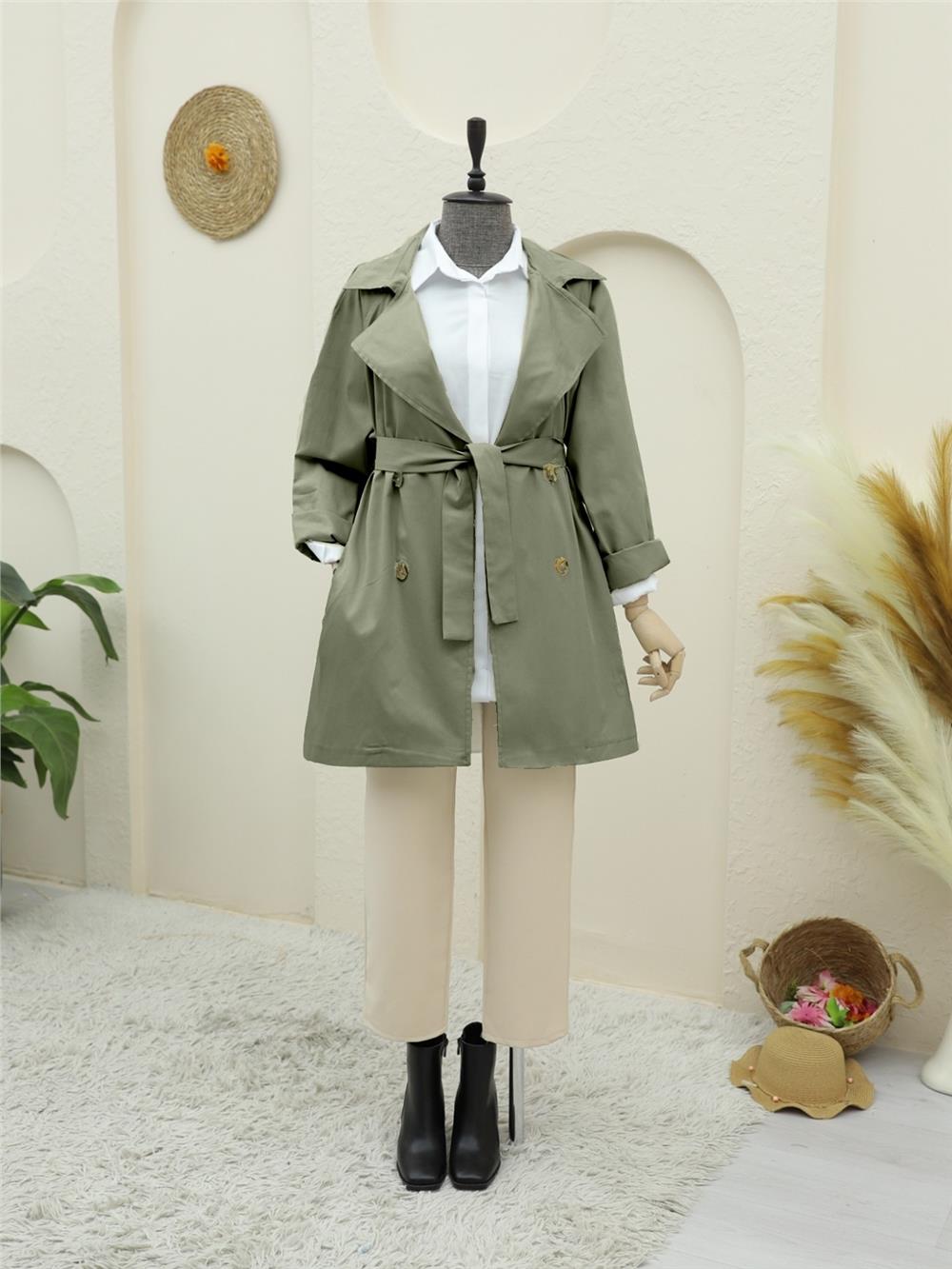 Bolero Detaylı Düğmeli Ara Boy Trençkot -Haki-346-5044-R05