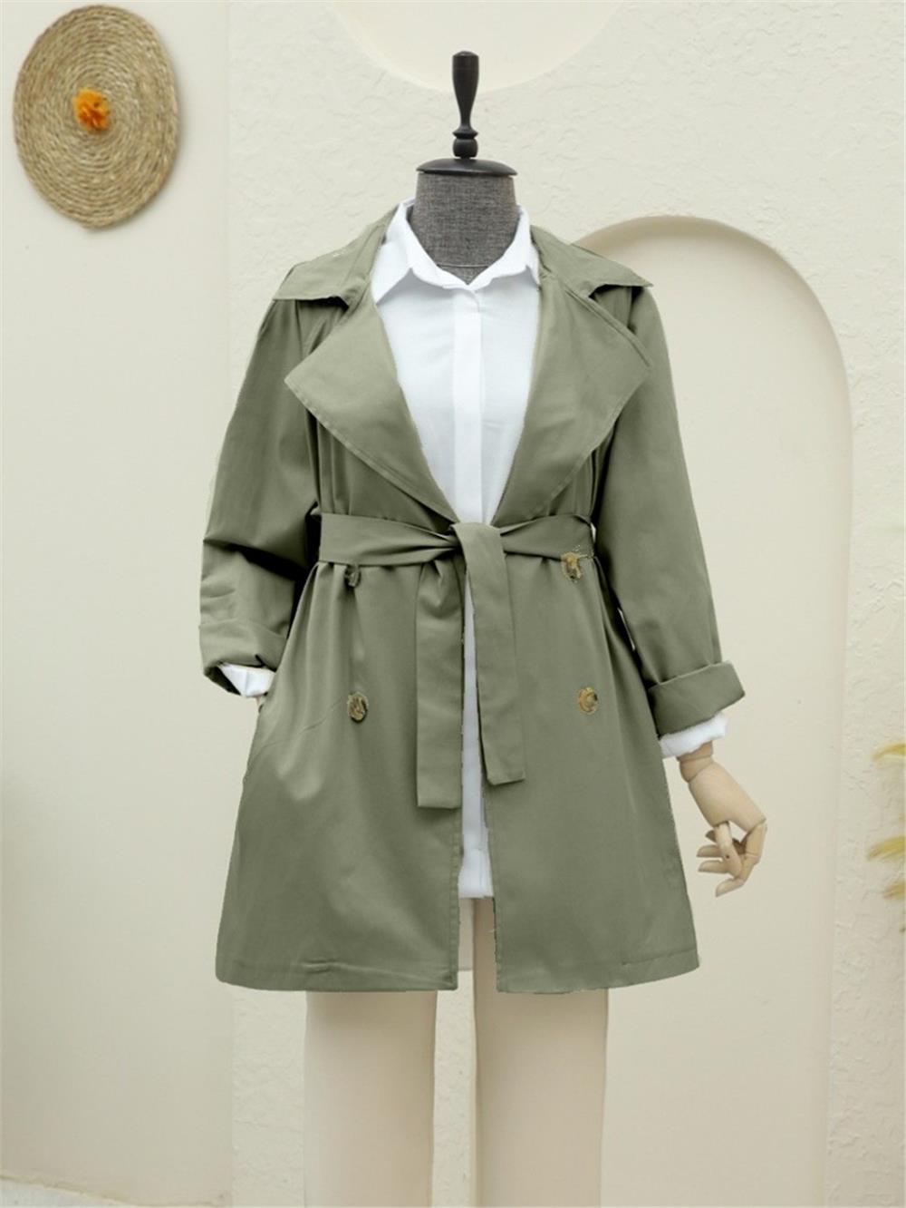 Bolero Detaylı Düğmeli Ara Boy Trençkot -Haki-346-5044-R05