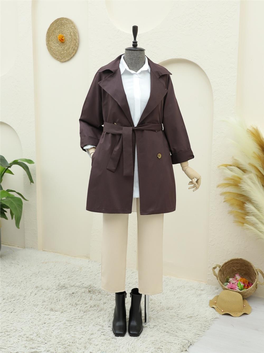 Bolero Detaylı Düğmeli Ara Boy Trençkot -Mürdüm-346-5044-R09
