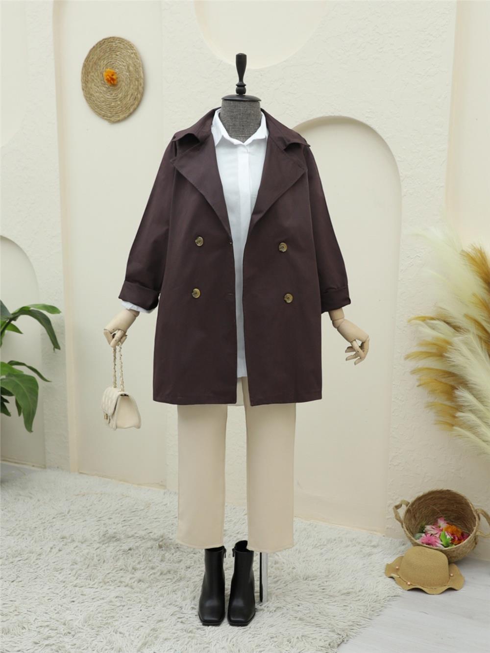 Bolero Detaylı Düğmeli Ara Boy Trençkot -Mürdüm-346-5044-R09