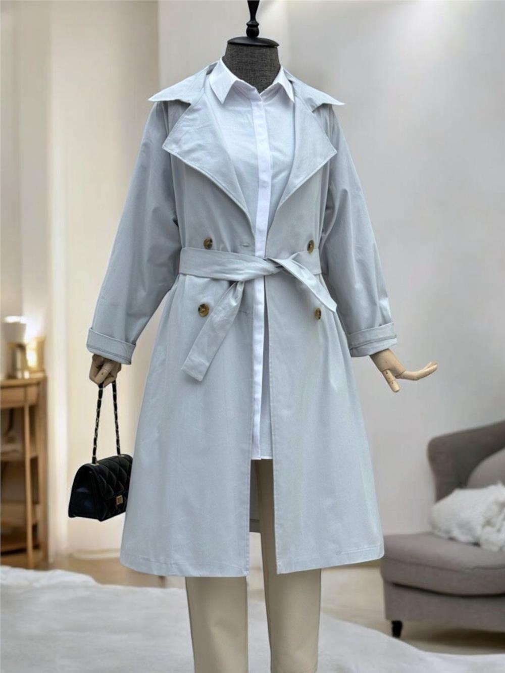 Bolero Detaylı Kemerli Araboy Trençkot -Açık Gri-346-3019-R41