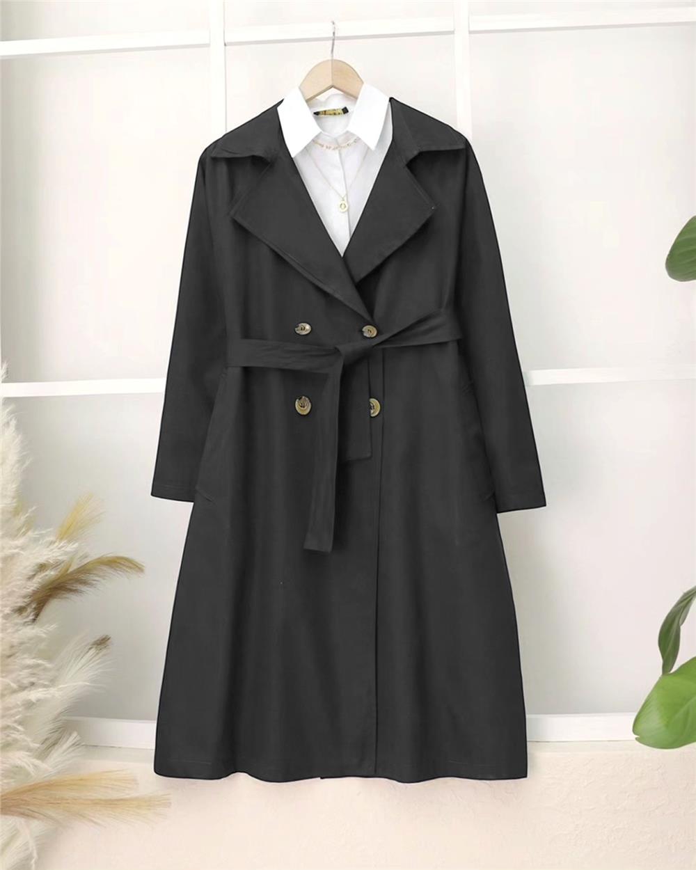 Bolero Detaylı Kemerli Araboy Trençkot -Siyah-346-3019-R01