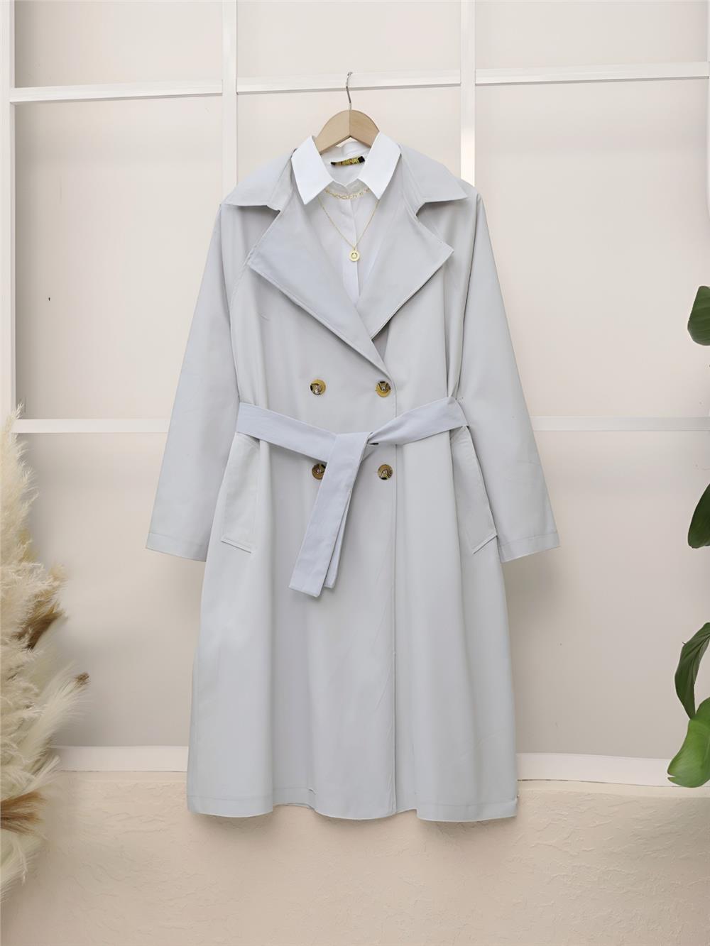 Bolero Detaylı Kemerli Araboy Trençkot -Açık Gri-346-3019-R41