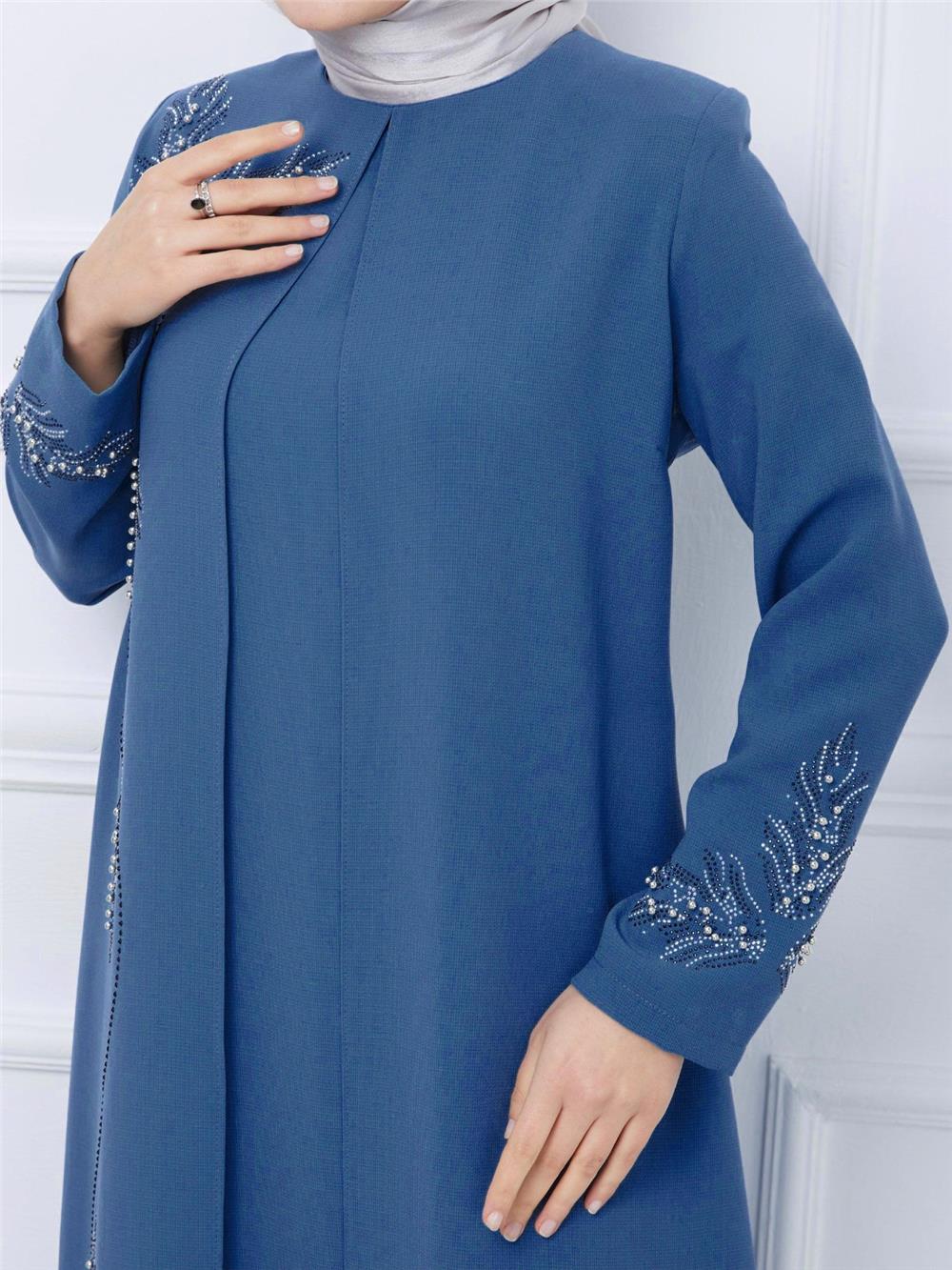 Boncuk Detaylı Çİft Kat Krep Elbise -Mavi-412-2005-R31