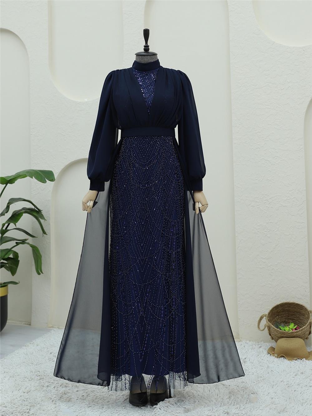 Boncuk Ve Pul Detaylı Kemerli Şifon Abiye -Laci-316-4630-R03