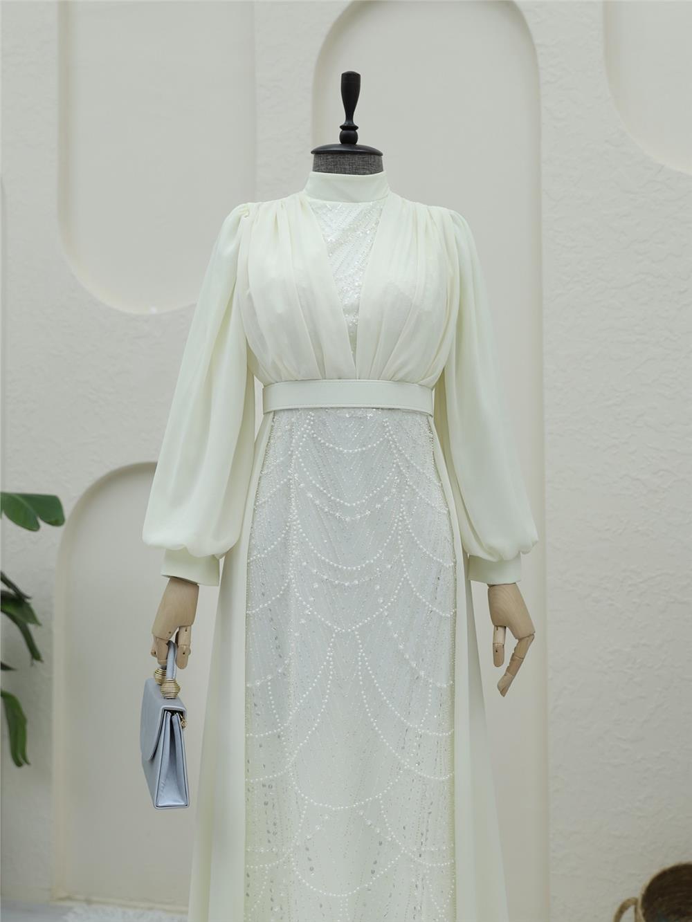 Boncuk Ve Pul Detaylı Kemerli Şifon Abiye -Ekru-316-4630-R07