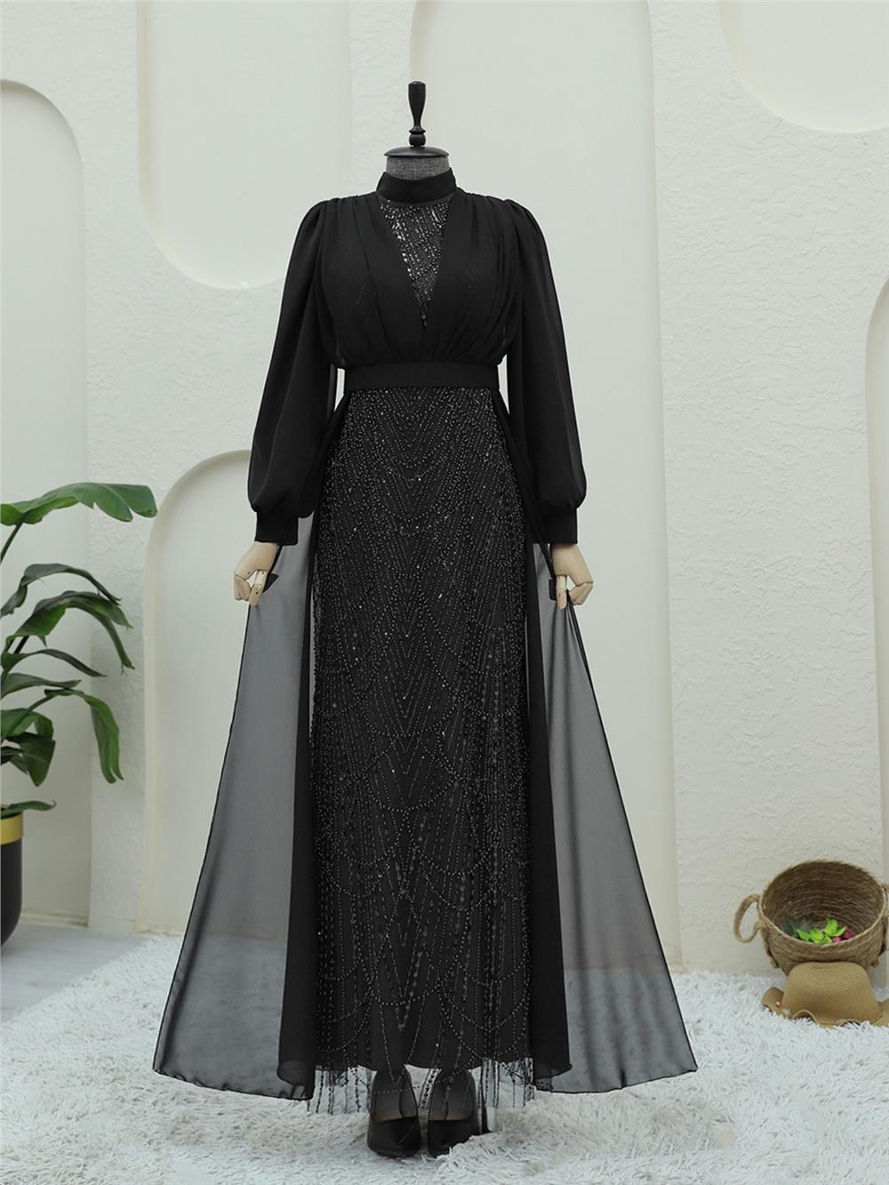 Boncuk Ve Pul Detaylı Kemerli Şifon Abiye -Siyah-316-4630-R01