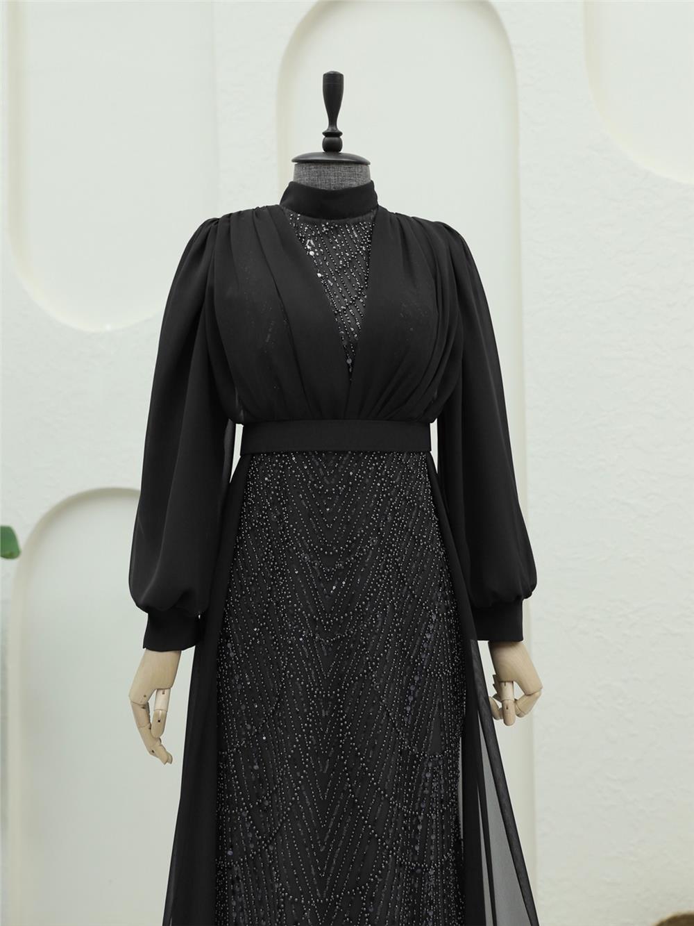 Boncuk Ve Pul Detaylı Kemerli Şifon Abiye -Siyah-316-4630-R01