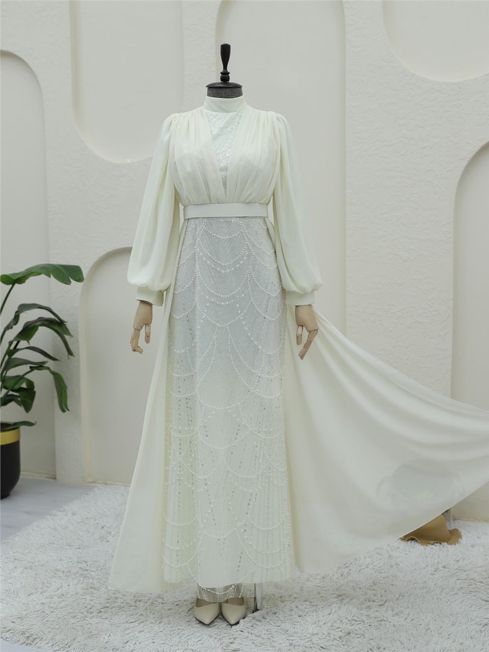 Boncuk Ve Pul Detaylı Kemerli Şifon Abiye -Ekru-316-4630-R07
