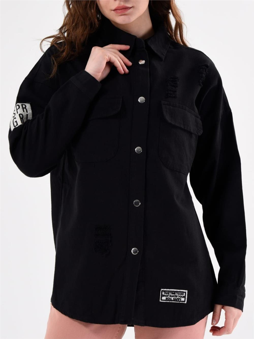Snap Fastener Double Pocket Detail Denim Jacket -Black-259-2175-R01