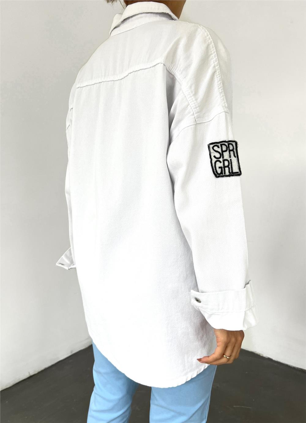 Denim Jacket with Snap Fasteners, Double Pockets and Fraying Detail - White-259-2175-R02