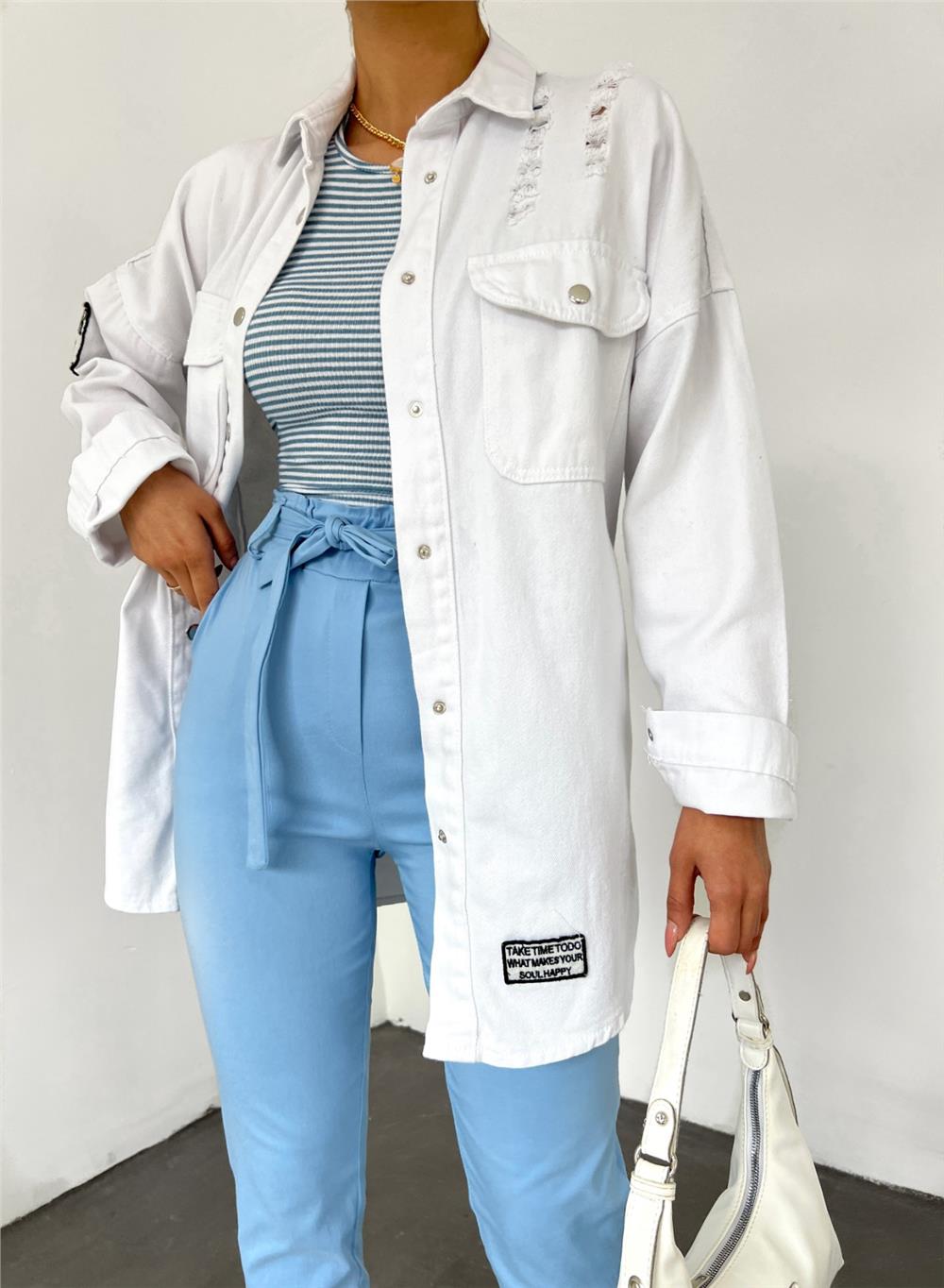 Denim Jacket with Snap Fasteners, Double Pockets and Fraying Detail - White-259-2175-R02