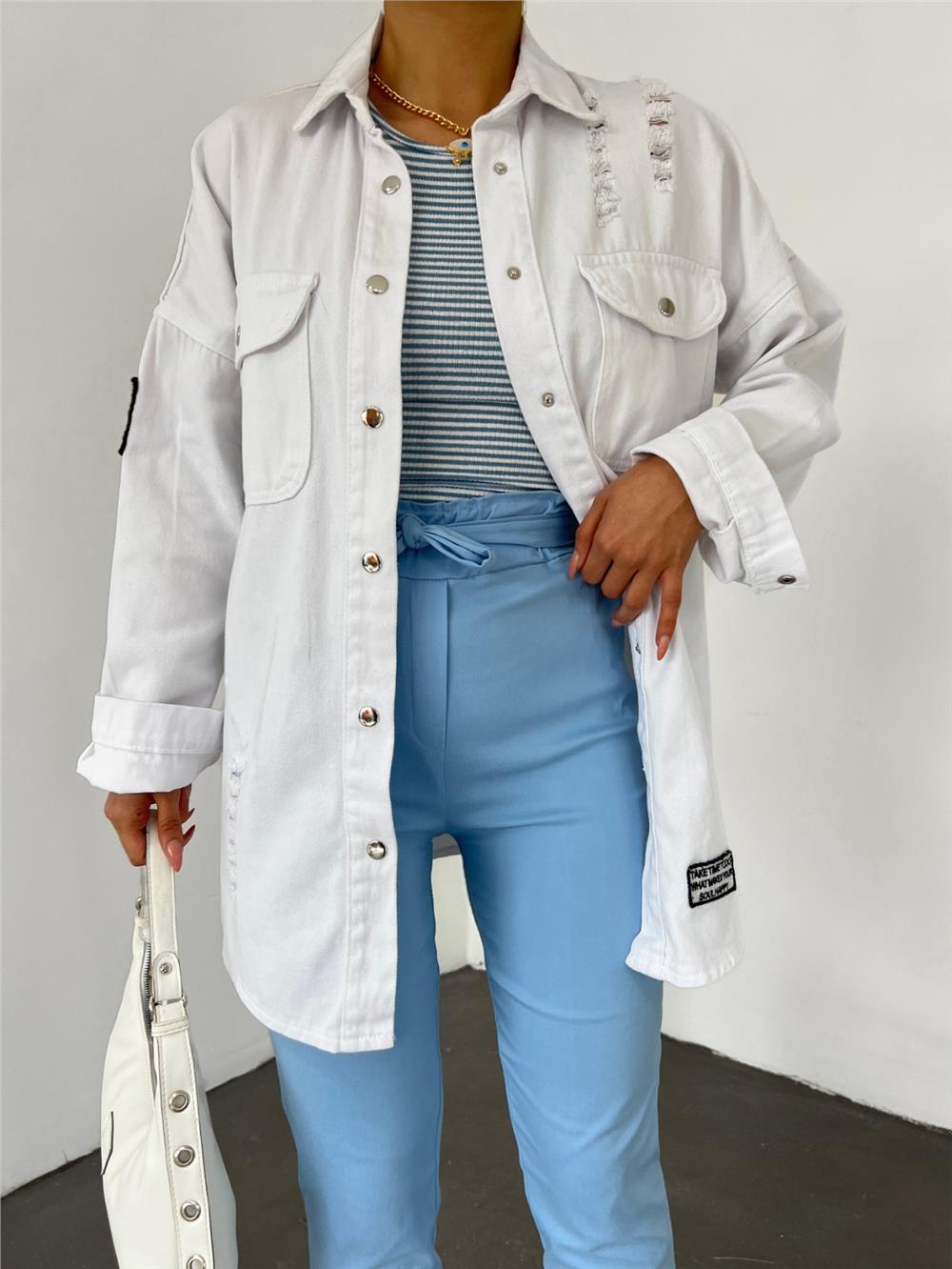 Denim Jacket with Snap Fasteners, Double Pockets and Fraying Detail - White-259-2175-R02