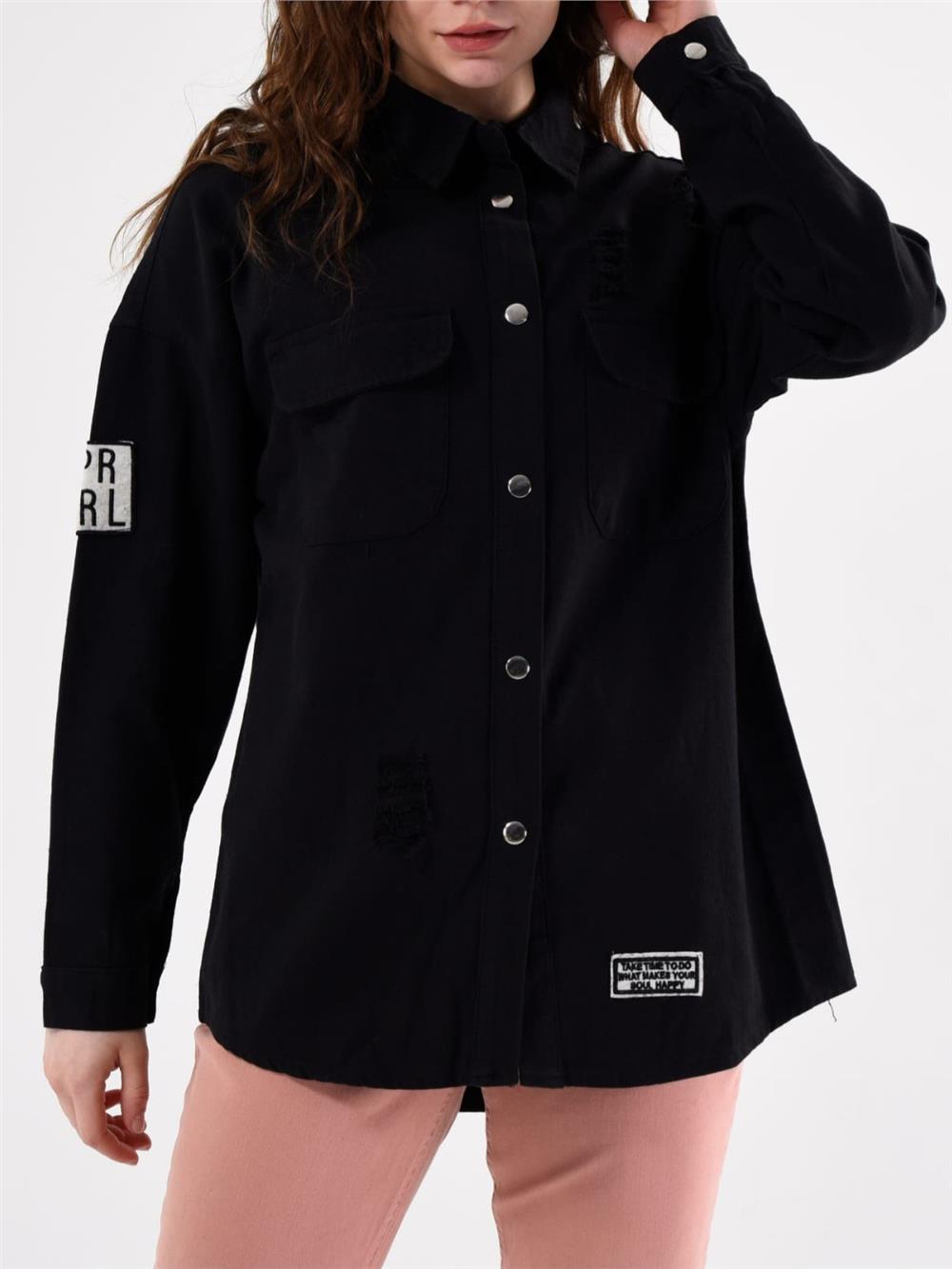 Snap Fastener Double Pocket Detail Denim Jacket -Black-259-2175-R01