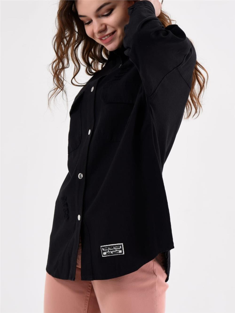 Snap Fastener Double Pocket Detail Denim Jacket -Black-259-2175-R01