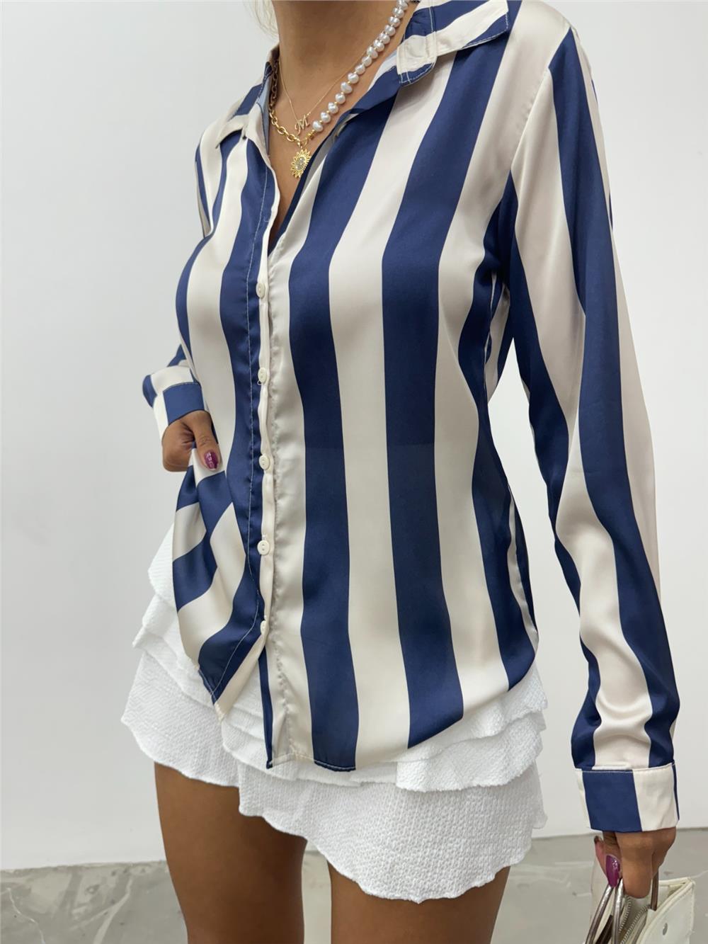 Buttoned Long Back Satin Shirt - Navy Blue-138-20163-R03