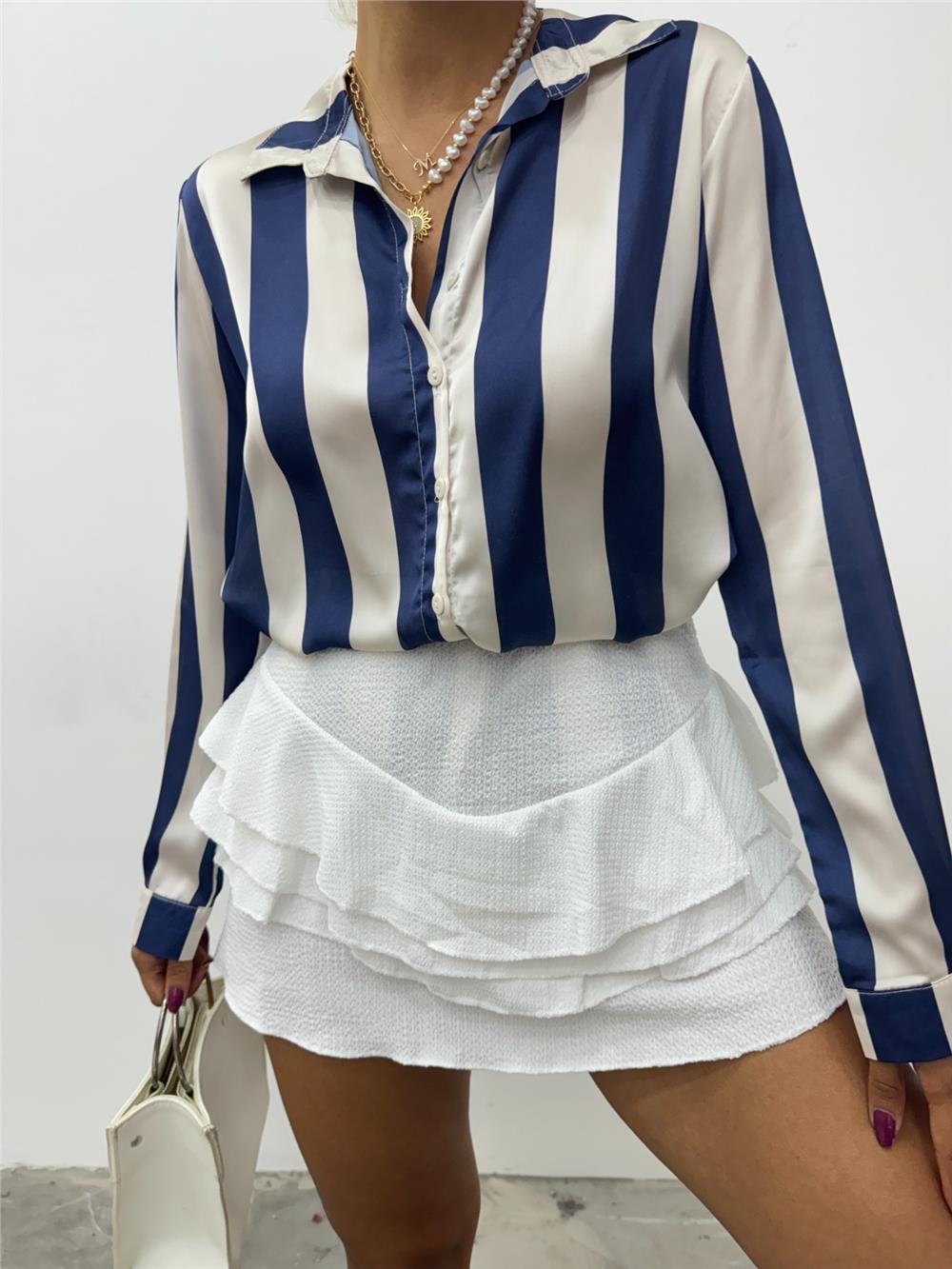 Buttoned Long Back Satin Shirt - Navy Blue-138-20163-R03