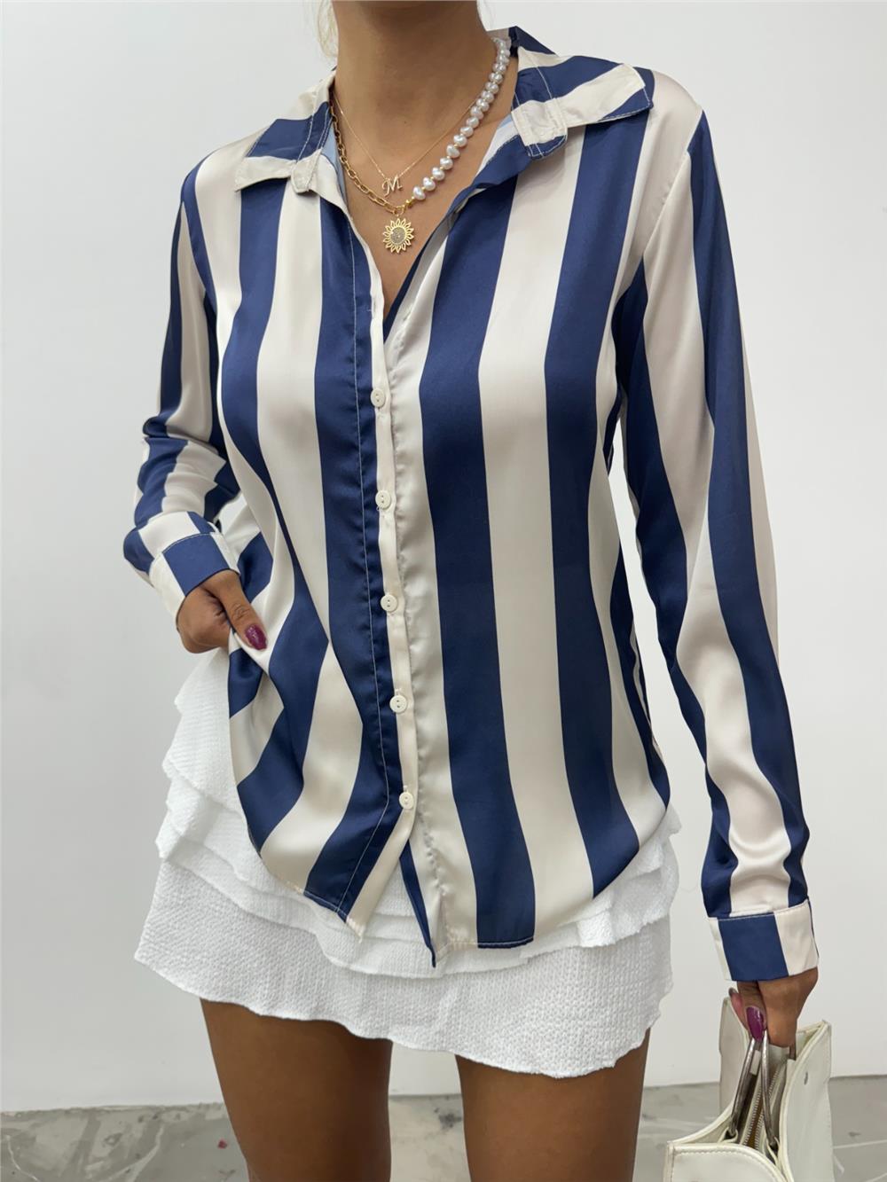 Buttoned Long Back Satin Shirt - Navy Blue-138-20163-R03