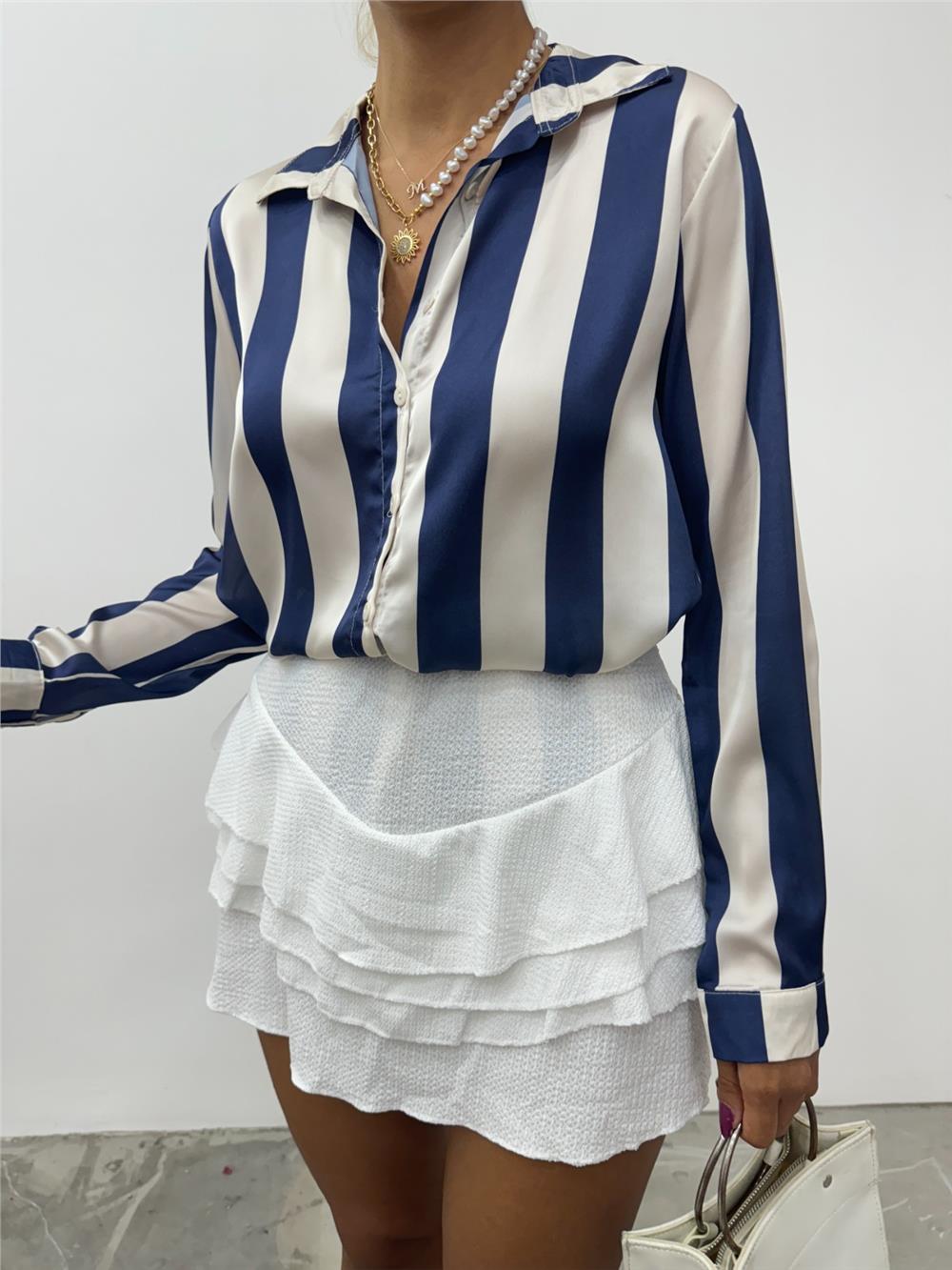 Buttoned Long Back Satin Shirt - Navy Blue-138-20163-R03