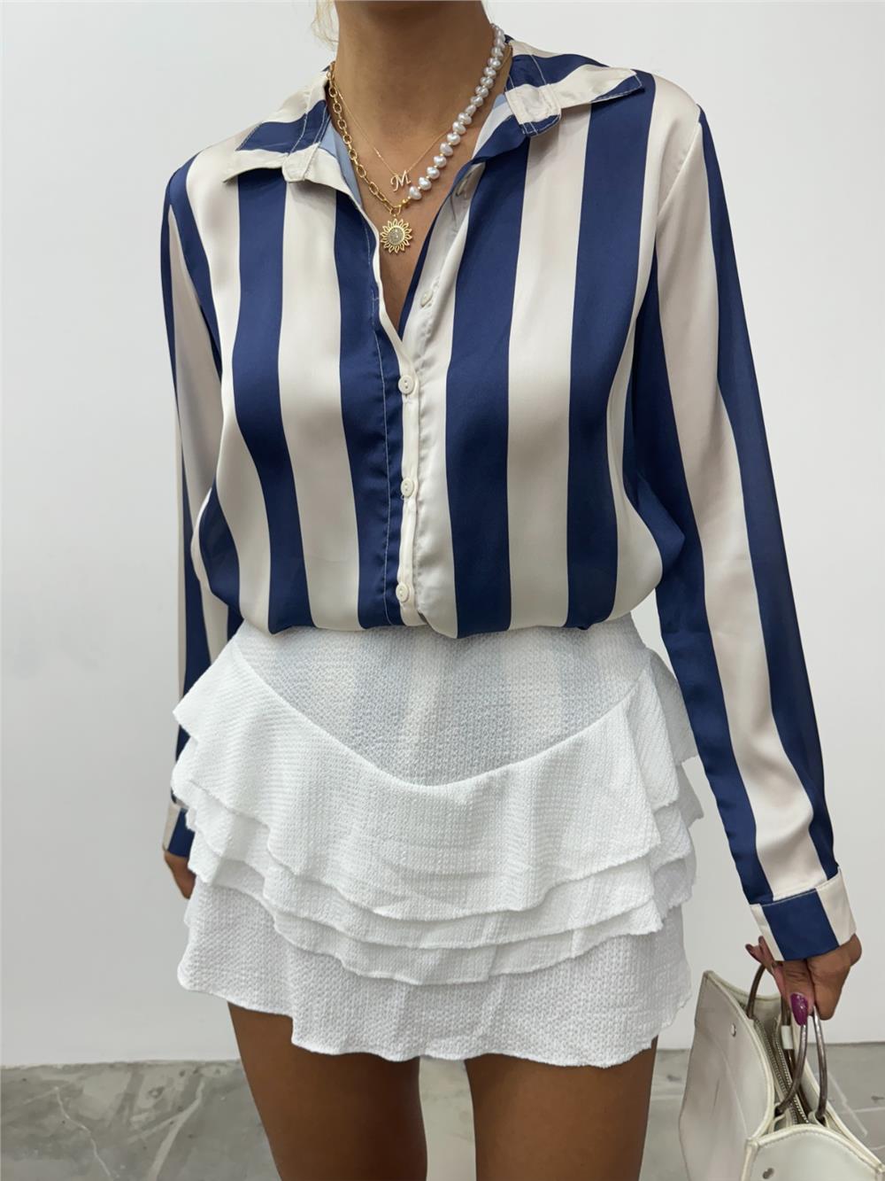 Buttoned Long Back Satin Shirt - Navy Blue-138-20163-R03